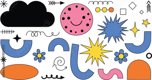 Abstract geometric shapes collection with modern colorful elements including stars curves cloud and decorative minimal design set for creative projects