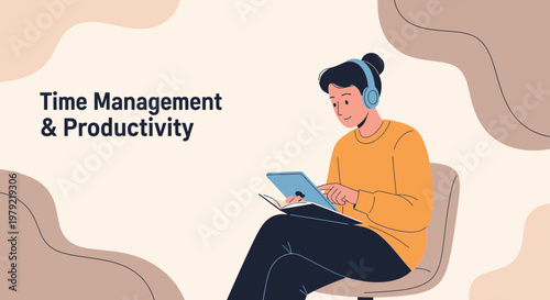 Person with headphones using tablet, Time Management & Productivity concept
