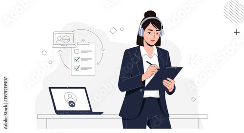Businesswoman with headset and laptop, online meeting, checklist, remote work, customer support