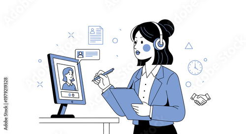 Businesswoman with headset on video call, online meeting, remote work, recruitment, hiring