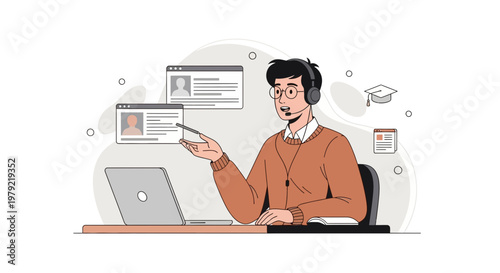 Online Learning and Remote Work: Man with Headphones and Laptop