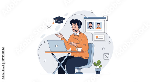 Online Learning: Man with Headset on Video Call with Laptop and Graduation Cap