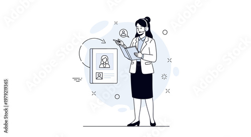 Businesswoman with headset reviewing candidate profile and workflow diagram