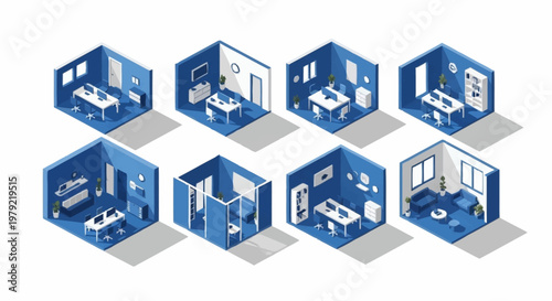Collection of isometric interior design scenes showing different rooms and furniture arrangements in a modern blue and white color scheme.