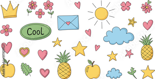 Cute hand drawn doodle elements collection with hearts stars sun clouds flowers fruits envelope crown and playful decorative icons set