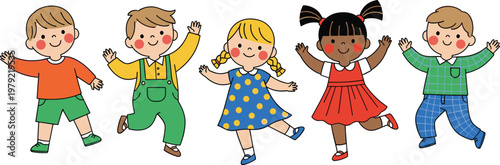 Happy children cartoon characters jumping together diverse kids playing and celebrating joyful friendship in colorful playful style illustration