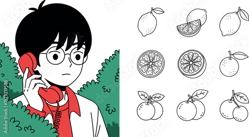 Healthy eating concept with person eating apple and fruit icon collection citrus slices peaches minimal line vector illustration set