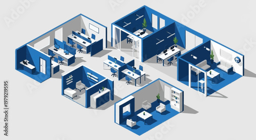 Modern isometric office space with multiple workstations, meeting rooms, and reception area.
