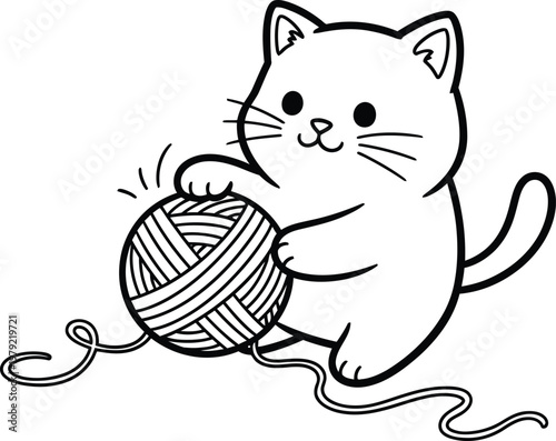 A cartoon cat playing with a ball of yarn Vector, illustration