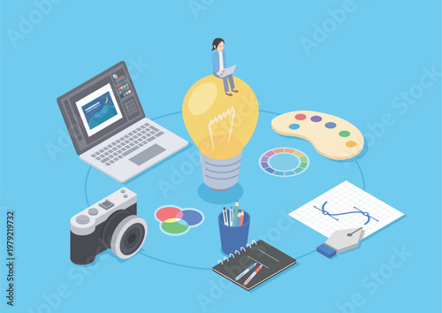 クリエイターの思考と制作プロセスを可視化したアイソメトリック構図のイラスト