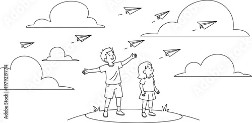 A boy and girl flying paper airplanes in the clouds Vector, illustration