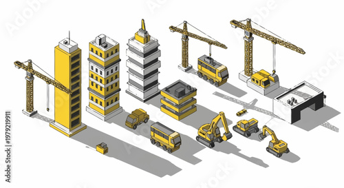 Isometric illustration of construction site with buildings, cranes, and vehicles in yellow and white.