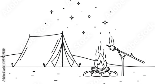A tent is set up next to a campfire Vector, illustration