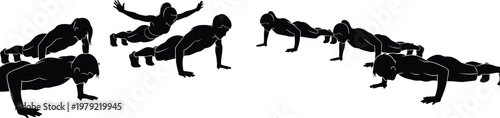 Push up exercise silhouettes set fitness workout poses isolated white background
