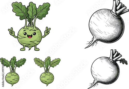 Kohlrabi vegetable vector illustration with cute cartoon character and botanical sketch root variations isolated on white background