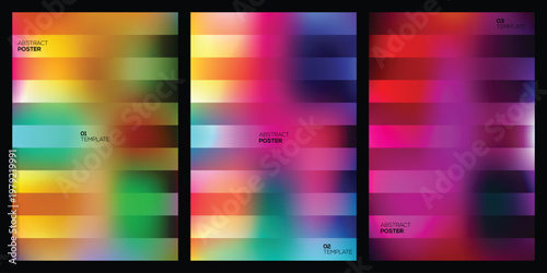 Set of abstract blurred gradient posters with geometric stripes. Defocused color templates.