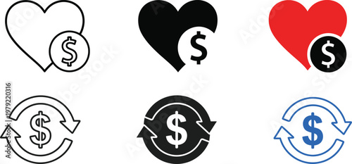 Love and money in business heart dollar sign icon set for financial success