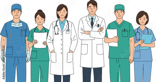 Professional Medical Team Set Featuring Doctors Nurses Surgeons in Uniform Healthcare Workers Standing Together Hospital Staff Vector Illustration