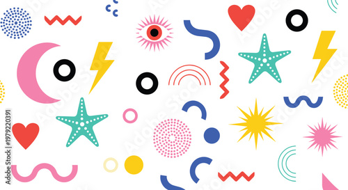 Colorful abstract geometric elements collection with modern playful shapes including stars hearts lightning and decorative minimal design set