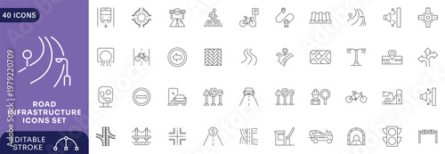 Road infrastructure icon set. line Icon Collection. Editable stroke.