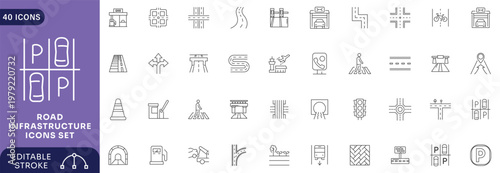 Road infrastructure icon set. line Icon Collection. Editable stroke.
