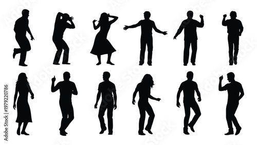 A collection of twelve silhouetted figures depicting various dynamic poses of people in motion and activity high quality professional detailed modern
