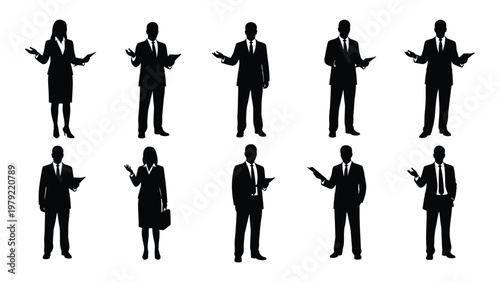 A collection of silhouetted business professionals in various poses seemingly presenting or gesturing to an audience high quality professional detailed modern