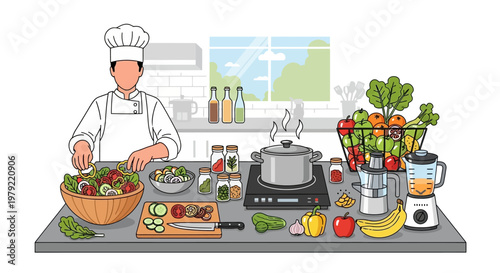 Chef preparing food in kitchen.