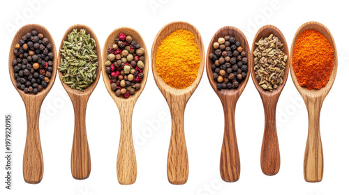 Wooden spoons filled with spices: black peppercorns, fennel seeds, mixed peppercorns, turmeric powder, and cumin seeds.