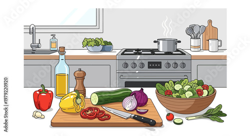 Fresh vegetables and ingredients prepared for cooking a healthy meal.