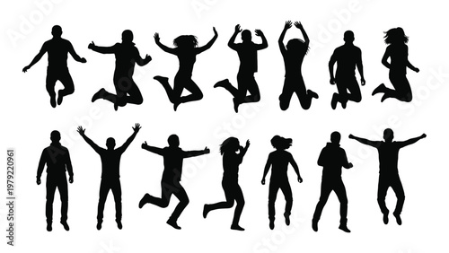 A collection of black silhouettes depicts joyful people leaping and jumping in various energetic poses against a white background high quality