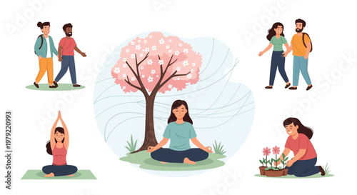 Women practicing yoga and meditation outdoors.