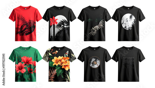 Assorted colorful graphic t-shirts displayed in a row for fashion inspiration Vector