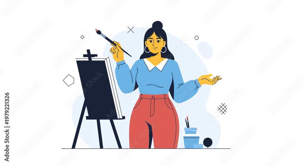 Fototapeta premium Artist painting on canvas, creative hobby, woman with paintbrush and easel, illustration