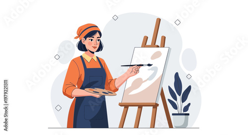 Artist painting on canvas at easel, holding palette and brush, creative hobby
