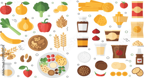 Unhealthy and Healthy Food Comparison Set with Fast Food Snacks and Fresh Vegetables Fruits Grains for Balanced Diet Nutrition Concept Illustration.