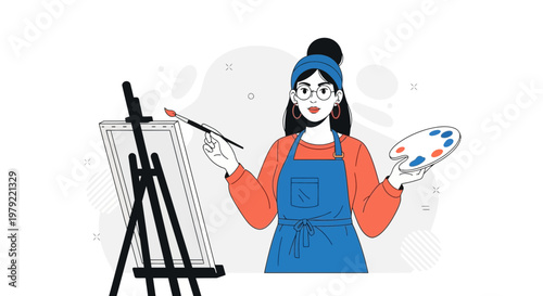 Artist painting on easel with palette and brush, creative hobby, illustration