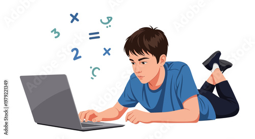 Boy learning math online on laptop, lying on floor with floating numbers