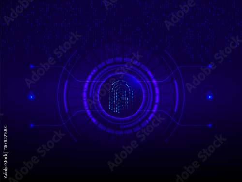 Cyber security authentication process, high-tech biometric fingerprint scan with encrypted data flow illustration.