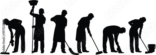 Cleaning Staff Silhouettes – Workers Sweeping and Mopping Floor Collection