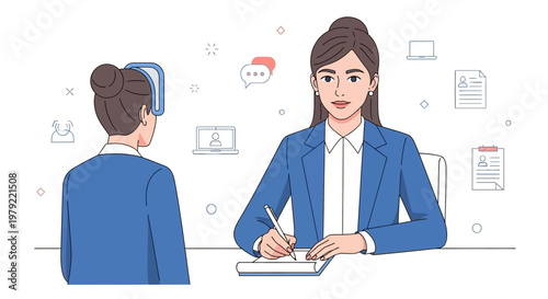Business meeting: interviewer and candidate in a professional office setting with digital icons.