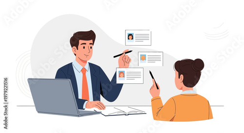 Business meeting: colleagues reviewing resumes for hiring, teamwork, office desk with laptop