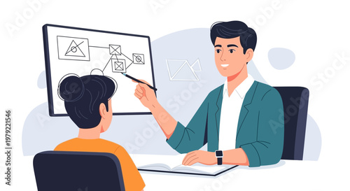 Business meeting: man explaining flowchart on screen to woman, online collaboration concept