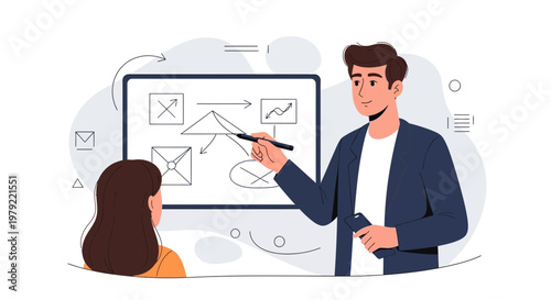 Business meeting: man presenting strategy on whiteboard to colleague, teamwork, planning