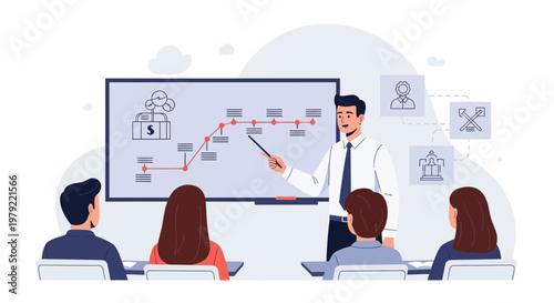 Business meeting: Man presents growth chart to attentive audience in modern office