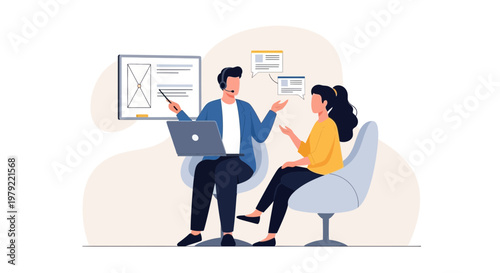 Business meeting: man presenting website design to woman, laptop and whiteboard