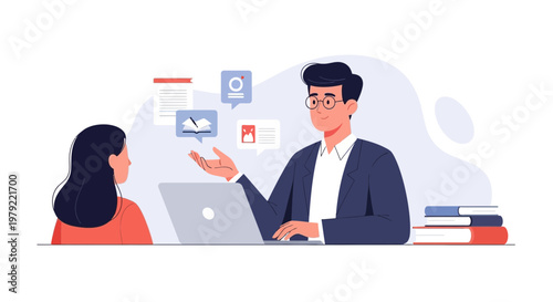 Business meeting, man explaining to woman, laptop, books, documents, concept of education, strategy