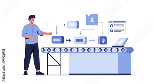 Business process automation with conveyor belt and flowchart icons