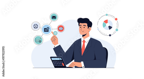 Businessman analyzing data and managing finances with calculator and digital icons