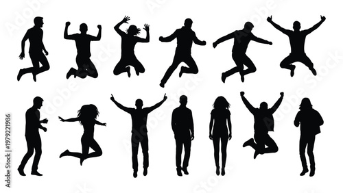A collection of black silhouettes depicts diverse people joyfully jumping and raising their arms in energetic poses high quality professional detailed